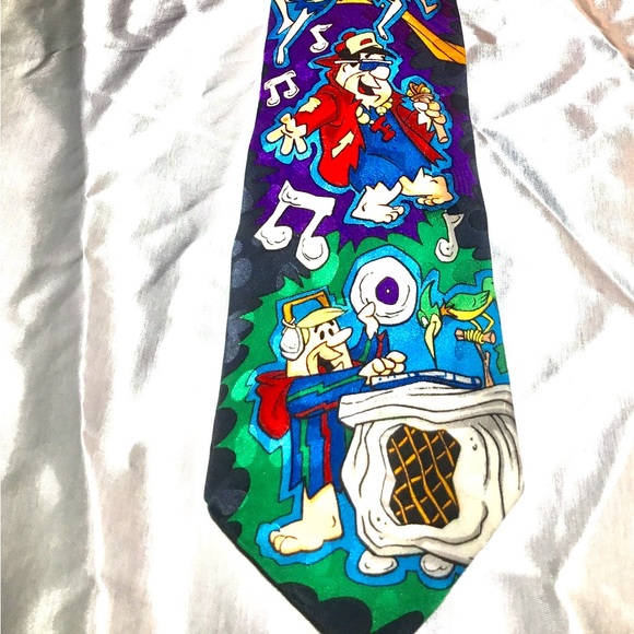 Fred & Barney Flinstone Music party Necktie Tie green,blue,yellow,black - Picture 2 of 3